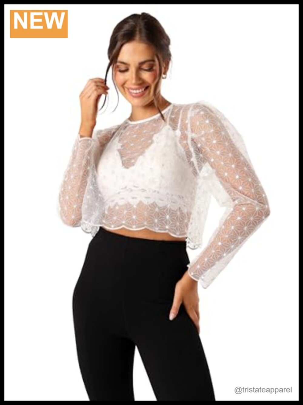 Lace Embellished Polka Dot Blouse Long Sleeve High Neck Scalloped Hem